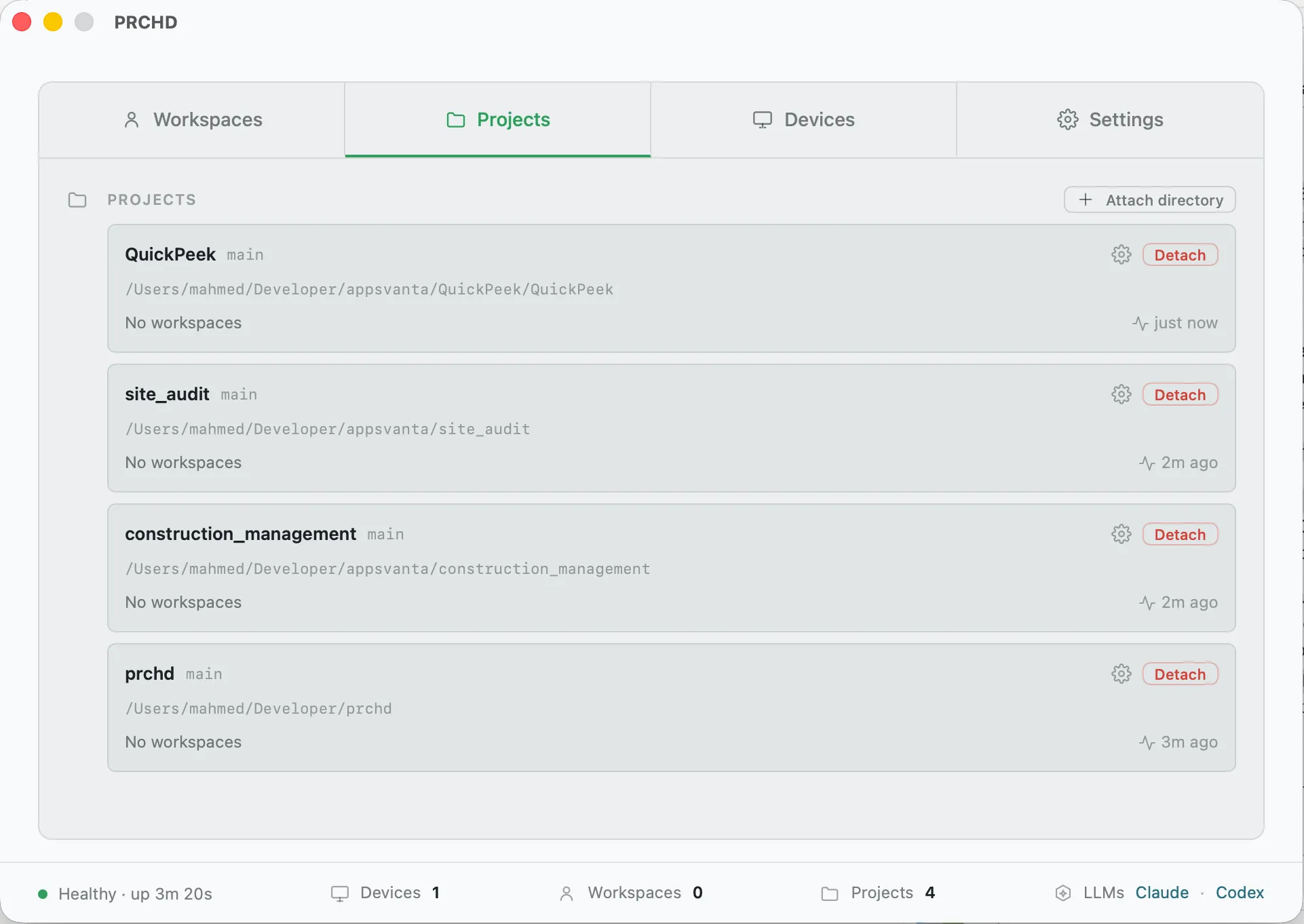 Mac dashboard with workspaces, projects, paired devices, and settings