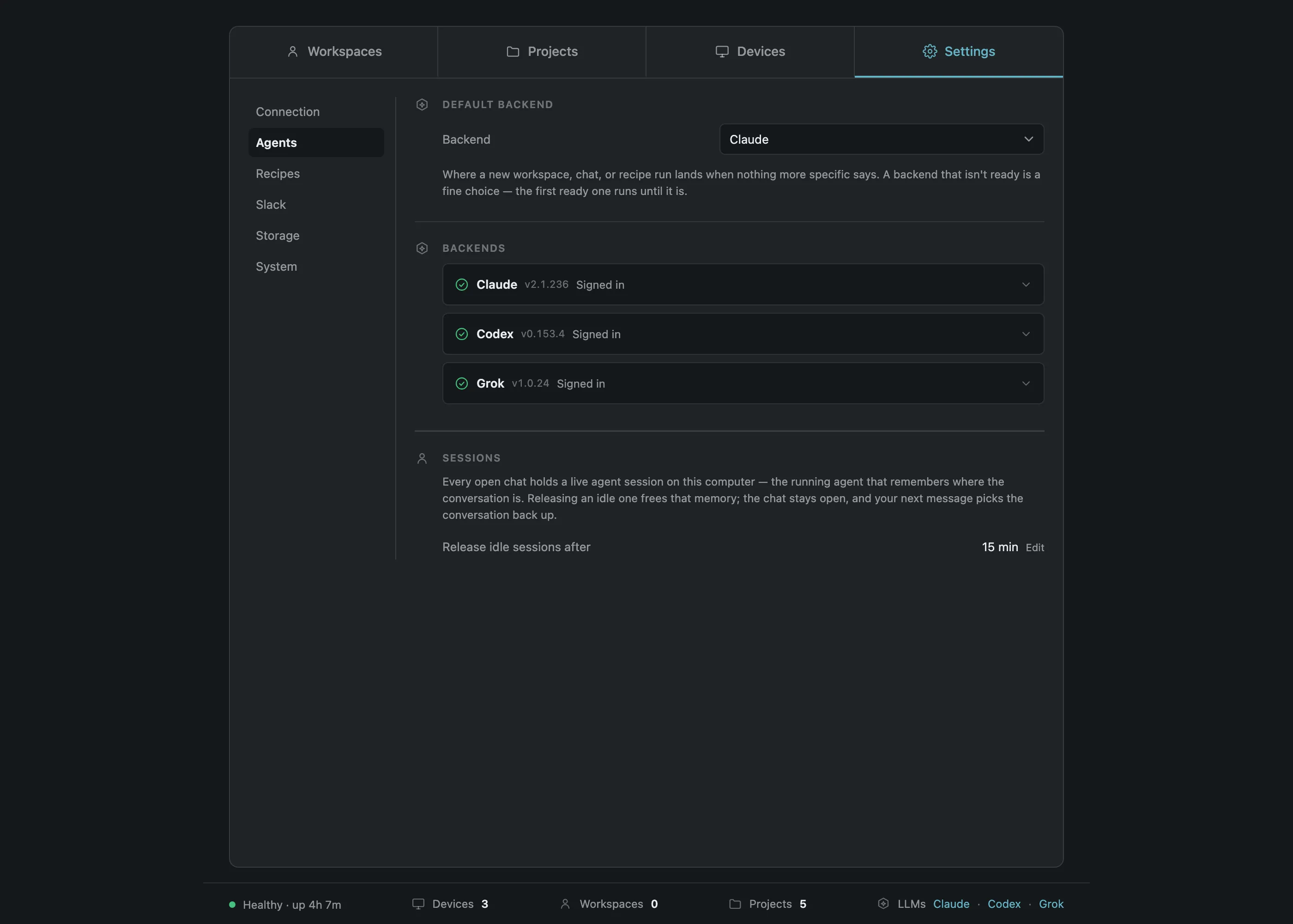 Dark host dashboard with Workspaces, Projects, Devices, and Settings
