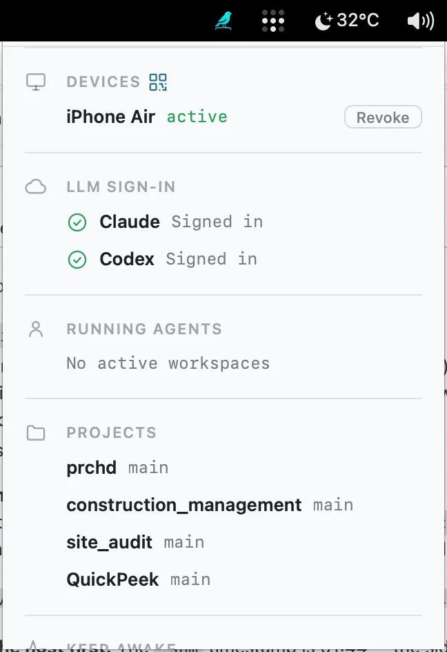 Mac menubar popover showing host status and active work