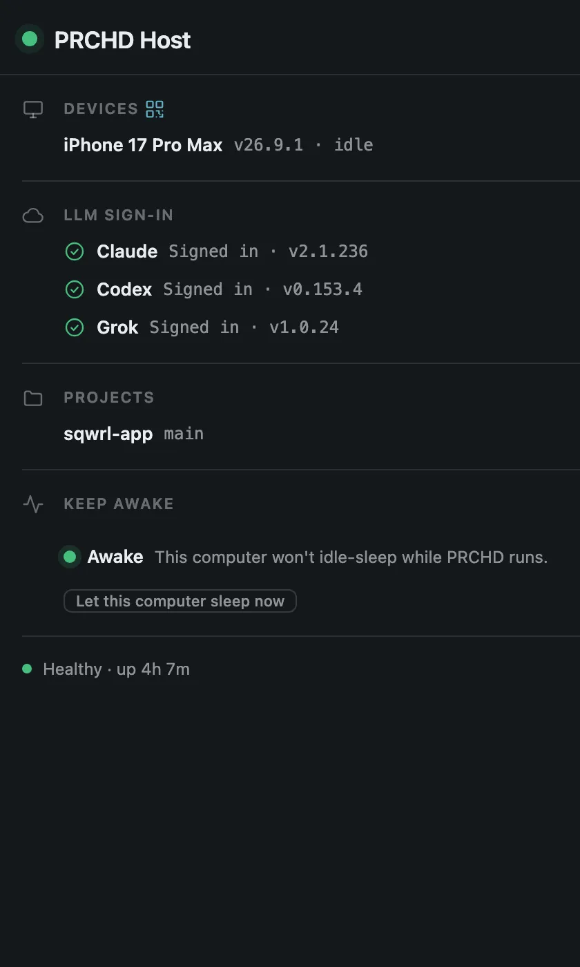 PRCHD menubar popover with the host beacon, paired devices, and active sessions