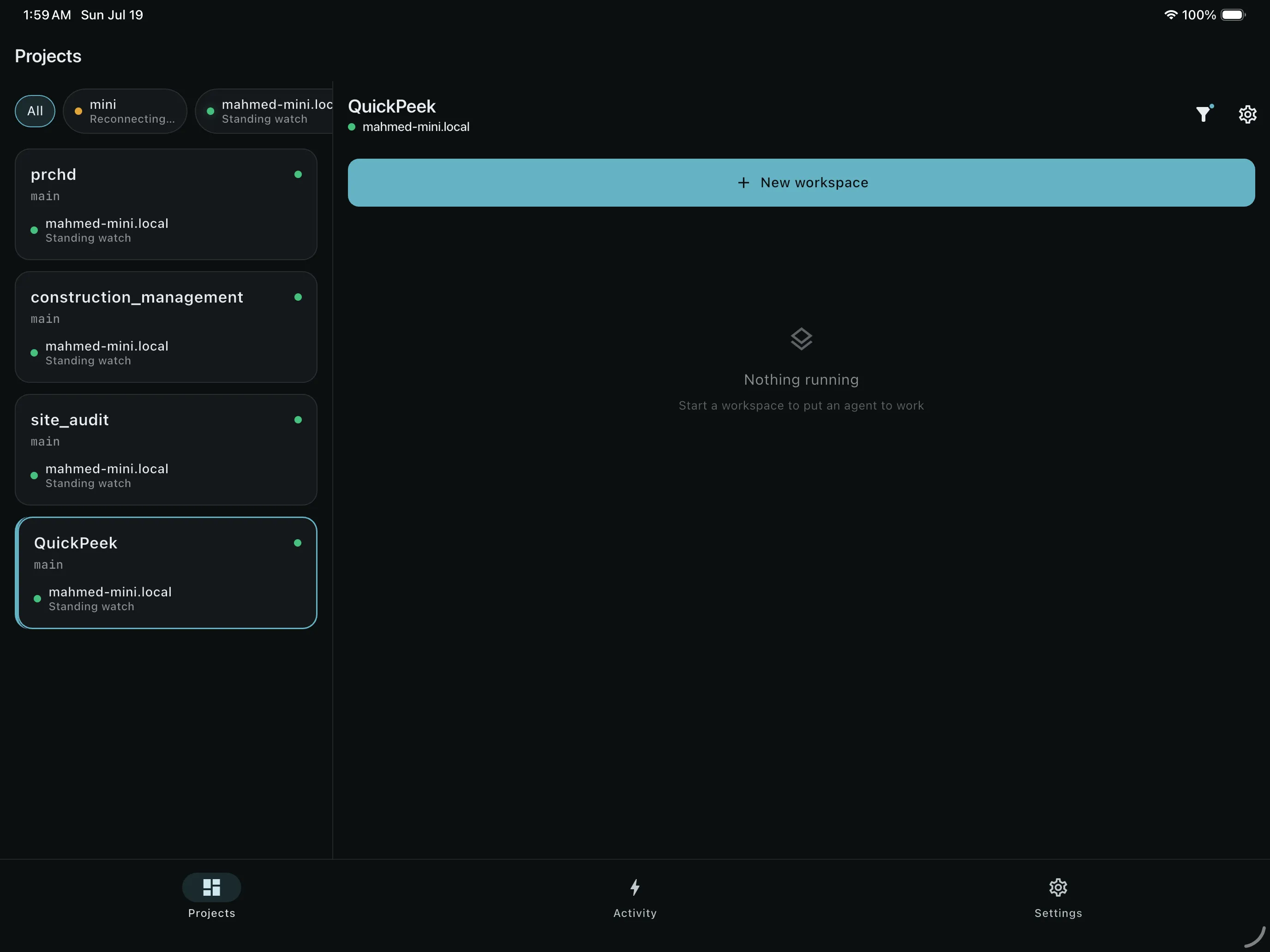 iPad project list and selected workspace in a two-pane layout