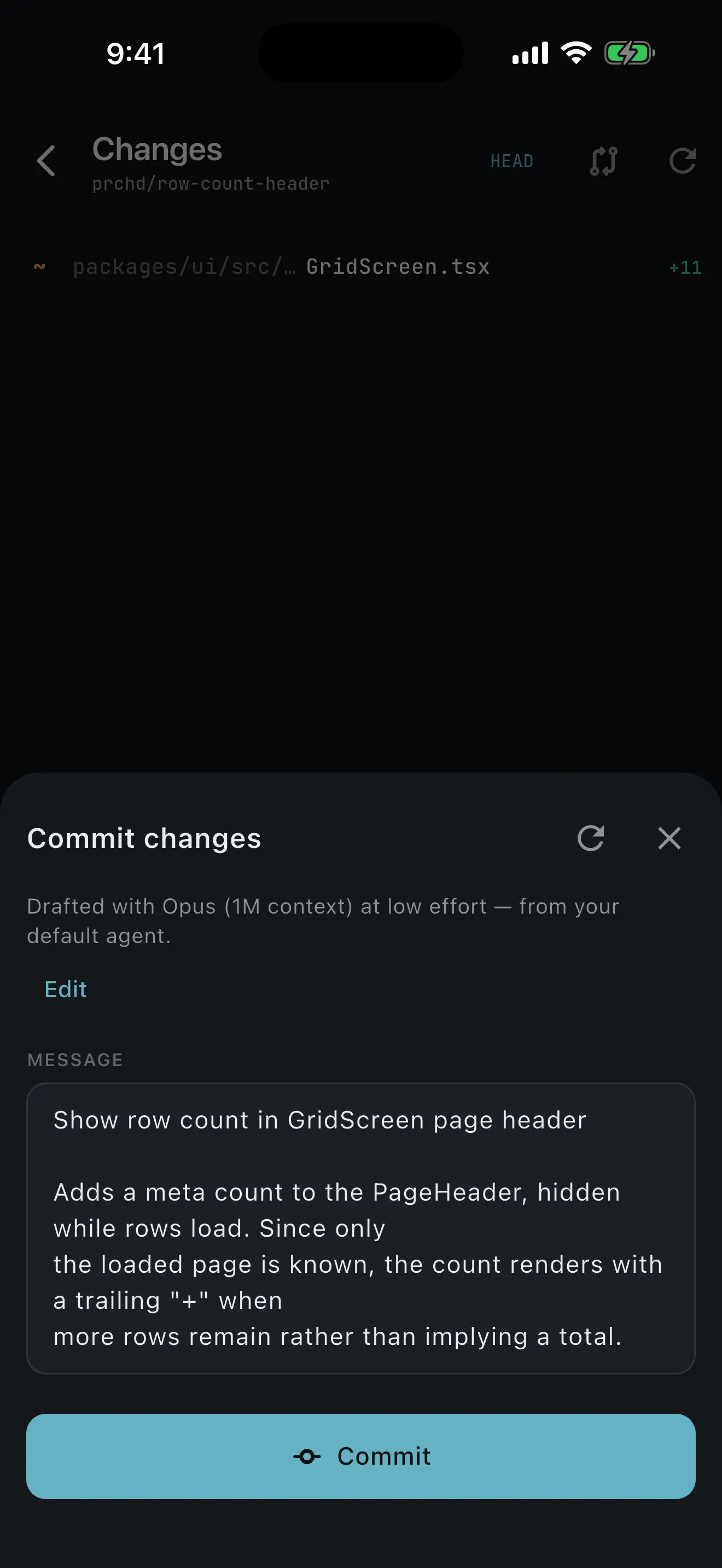 Commit sheet with an editable agent-drafted message over the changed files