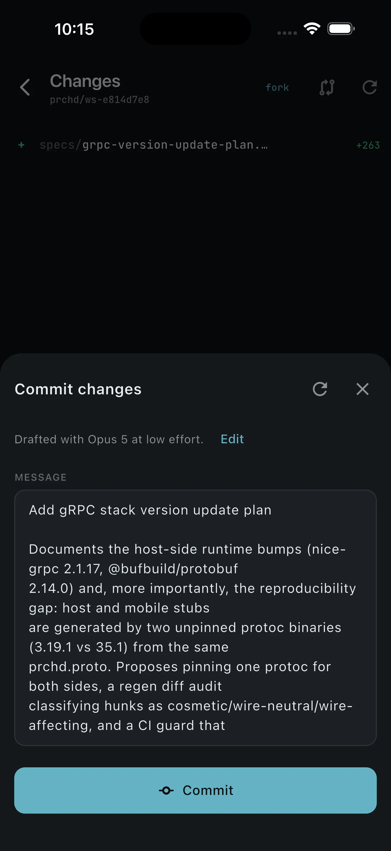 Commit sheet with an editable agent-drafted message over the changed files