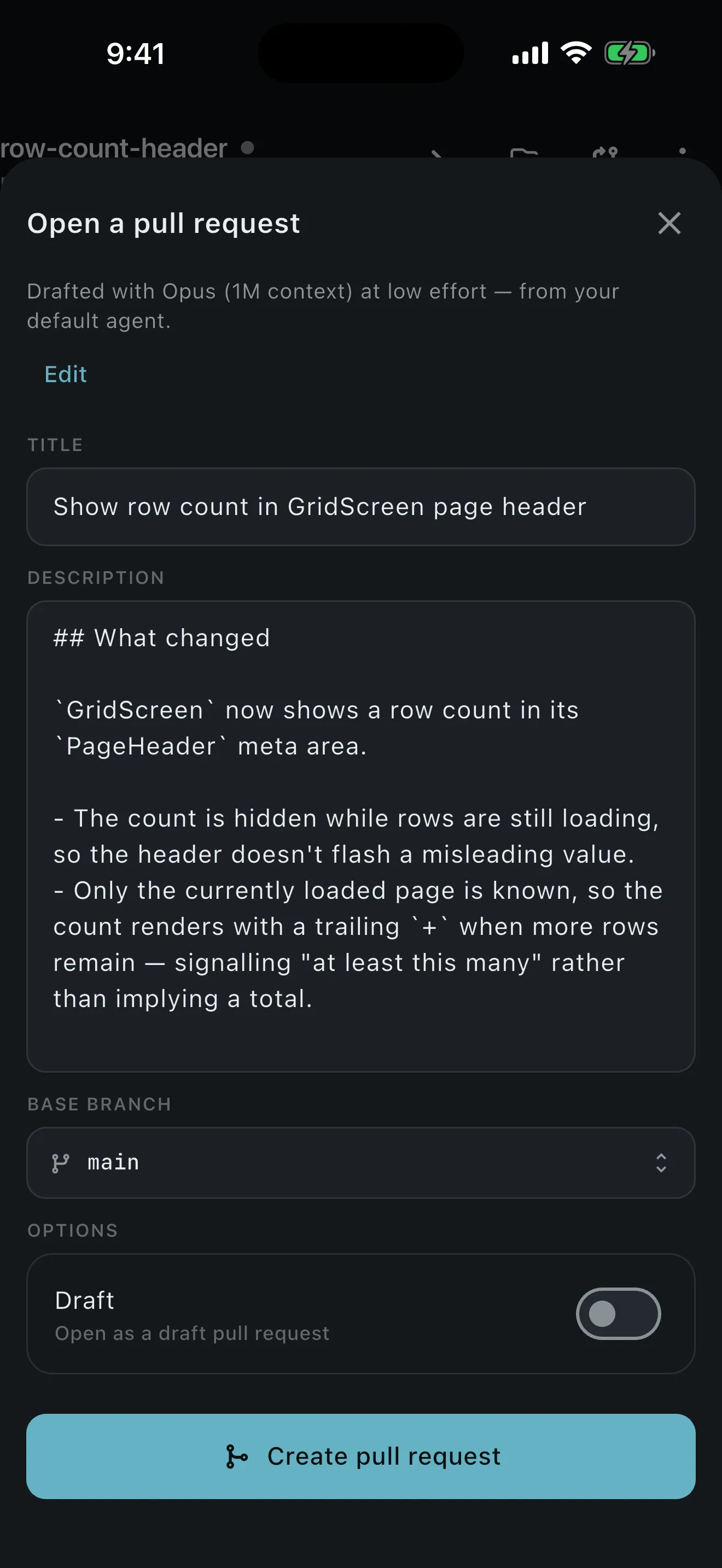 Pull request title, body, draft flag, and base branch picker