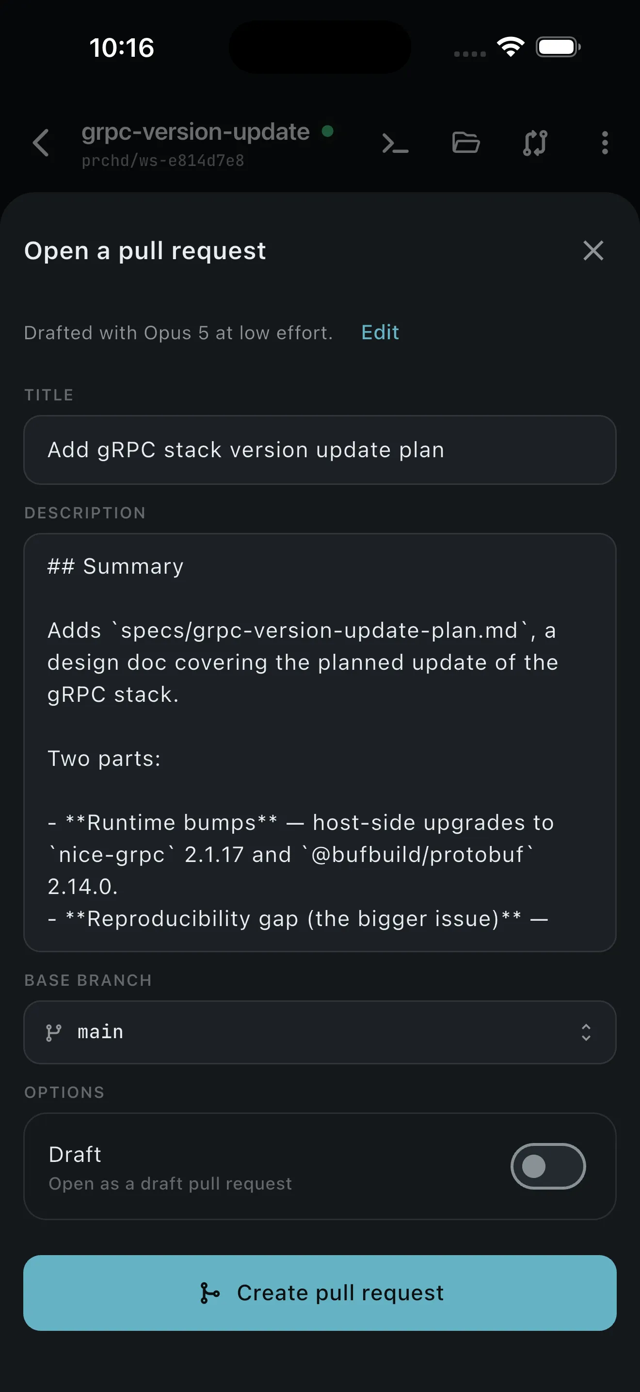 Pull request title, body, draft flag, and base branch picker