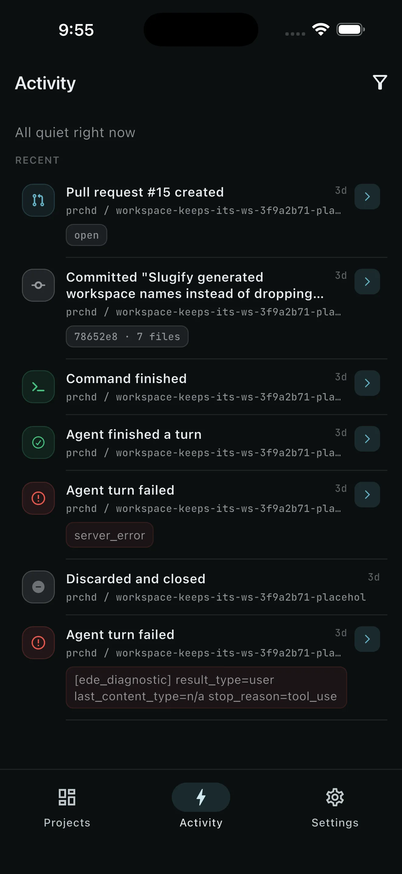 Activity screen keeping the recent record of pull requests, commits, commands, and agent turns
