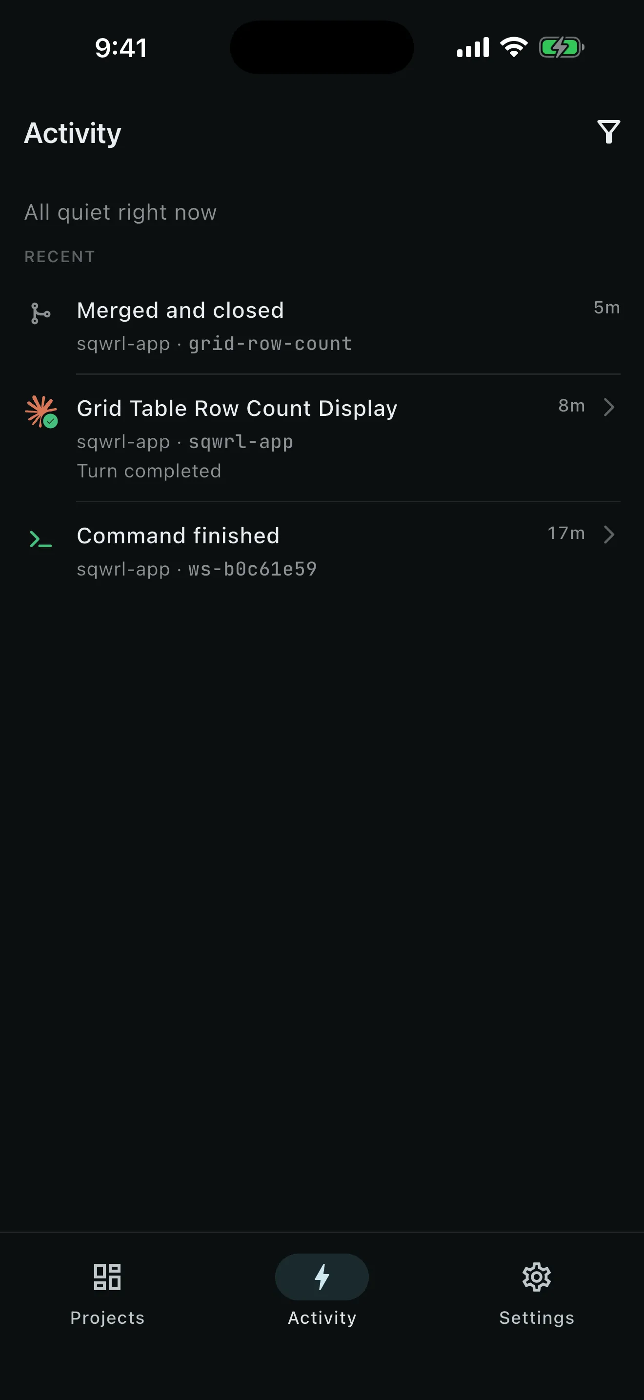 Activity screen with a completed agent turn, a command, and a merged workspace