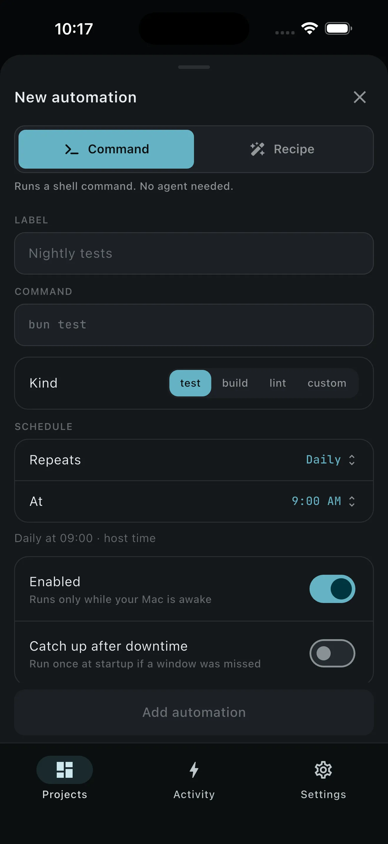 New automation sheet scheduling a shell command with kind, repeat, and catch-up controls