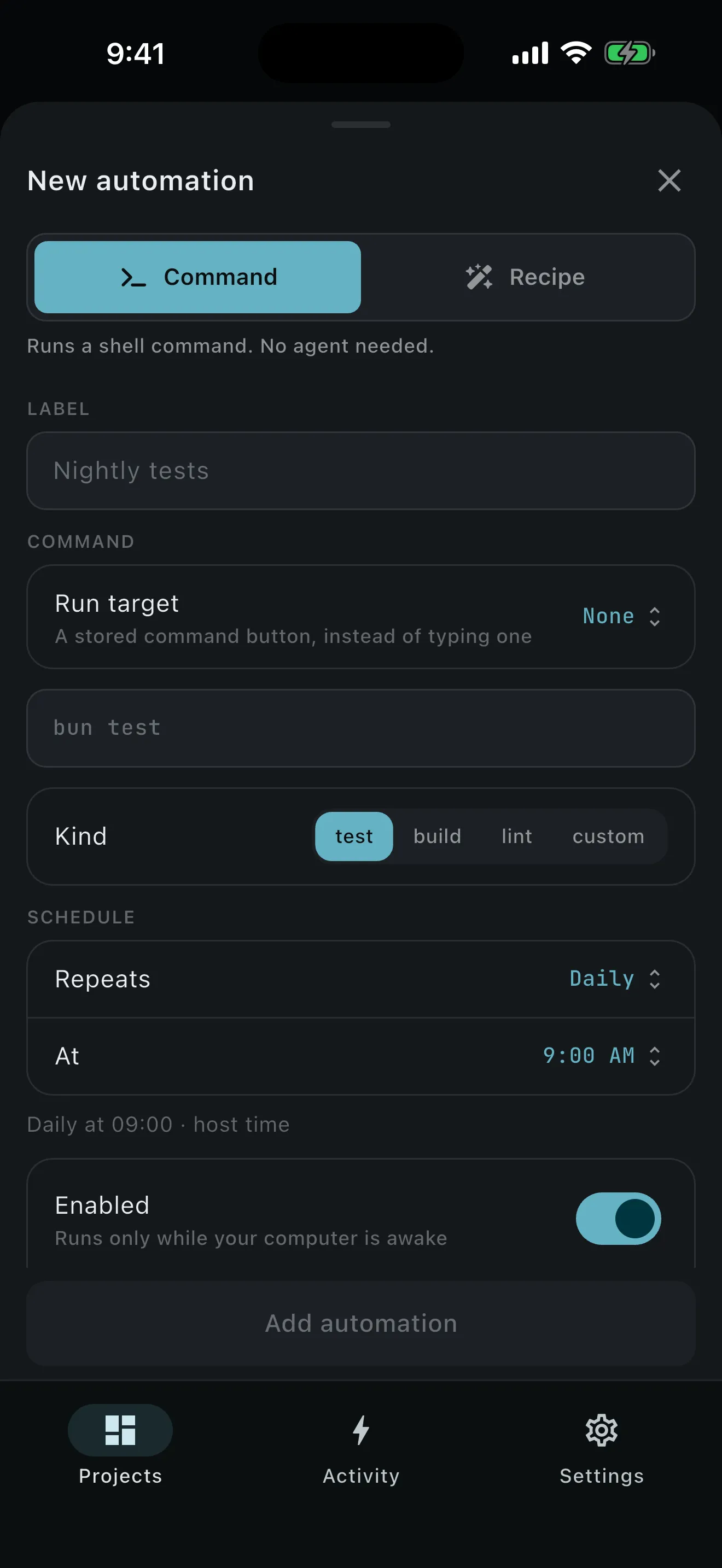New automation sheet scheduling a nightly test command with kind and repeat controls