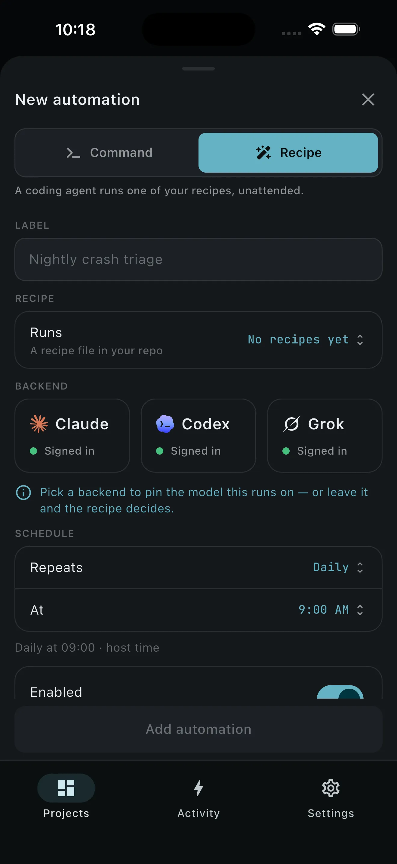 New recipe automation scheduling an unattended nightly agent run with a pinned backend