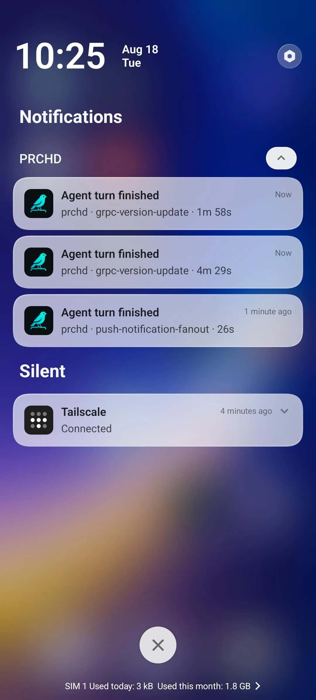 Real lock-screen capture: each push names the event, project, and workspace — nothing more