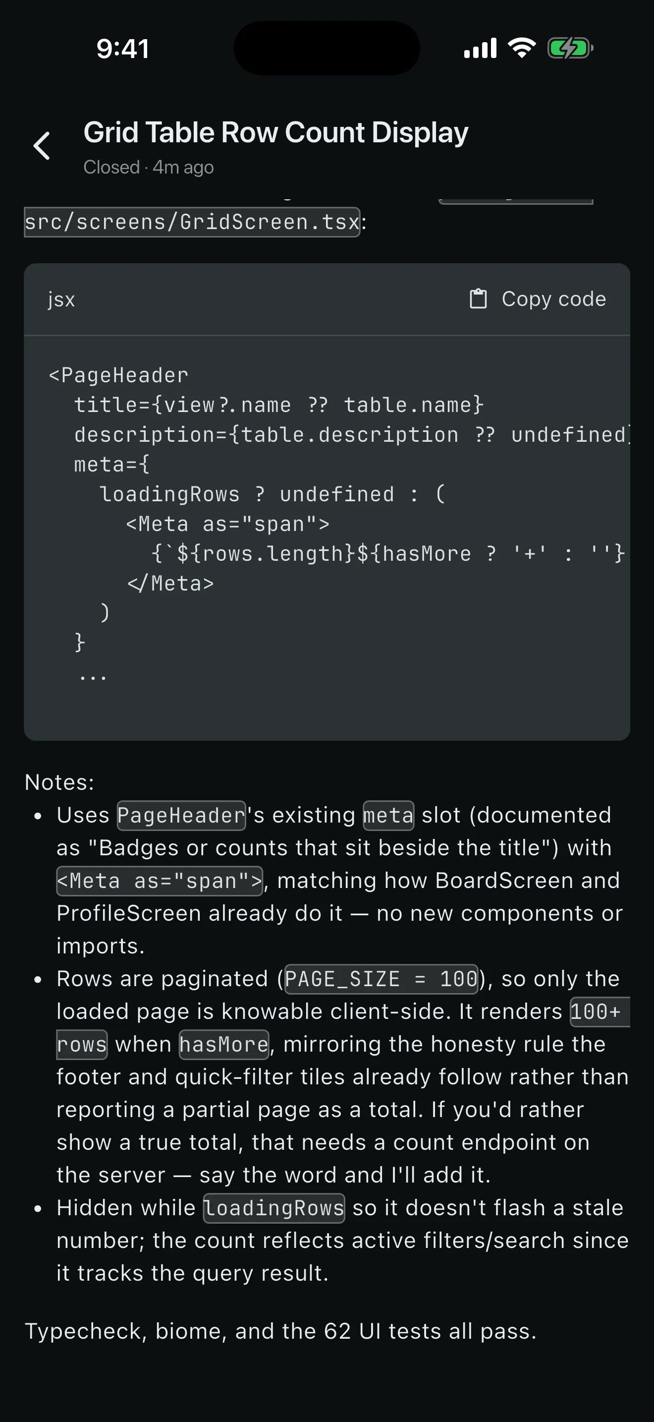 Agent transcript with the code it wrote and a passing test run