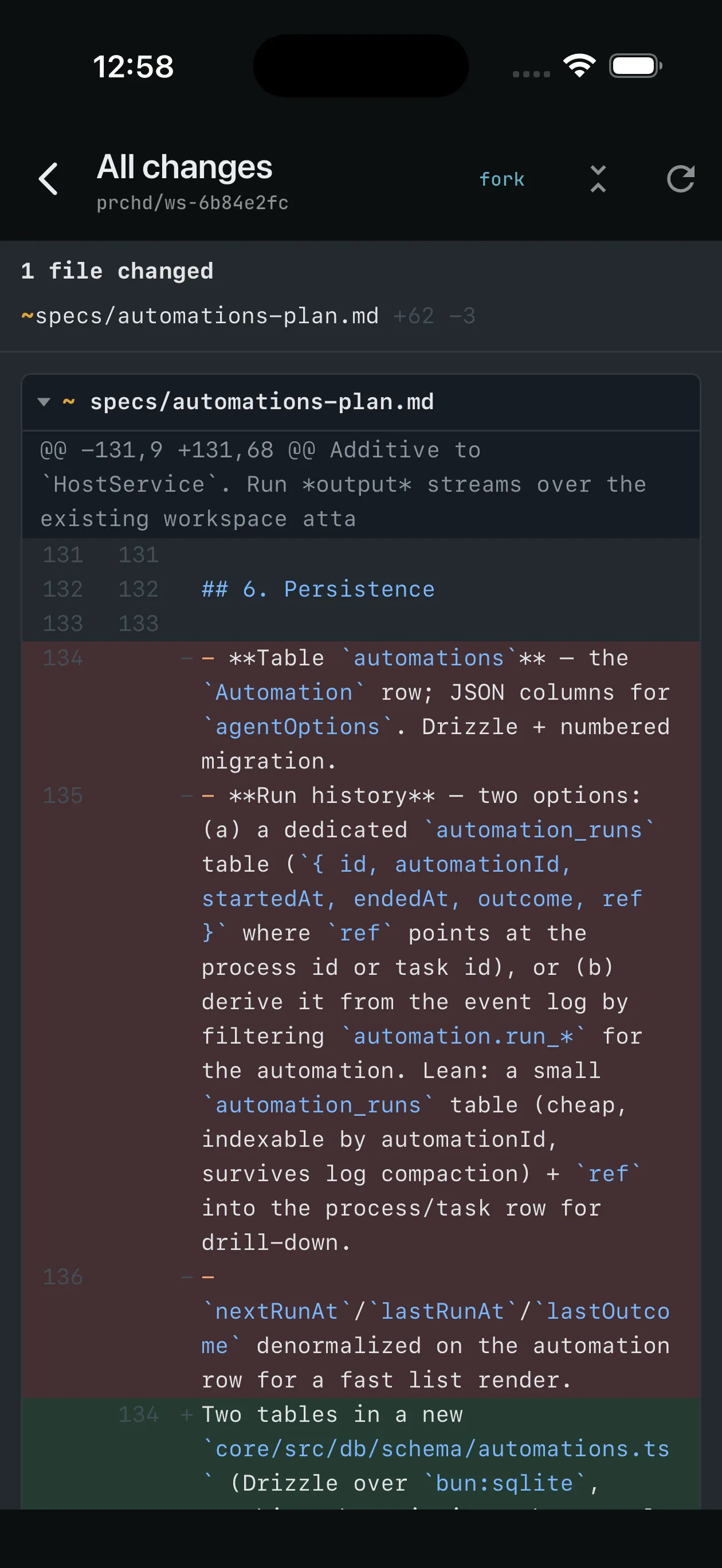 Syntax-highlighted diff with a selected span and the Ask agent bar