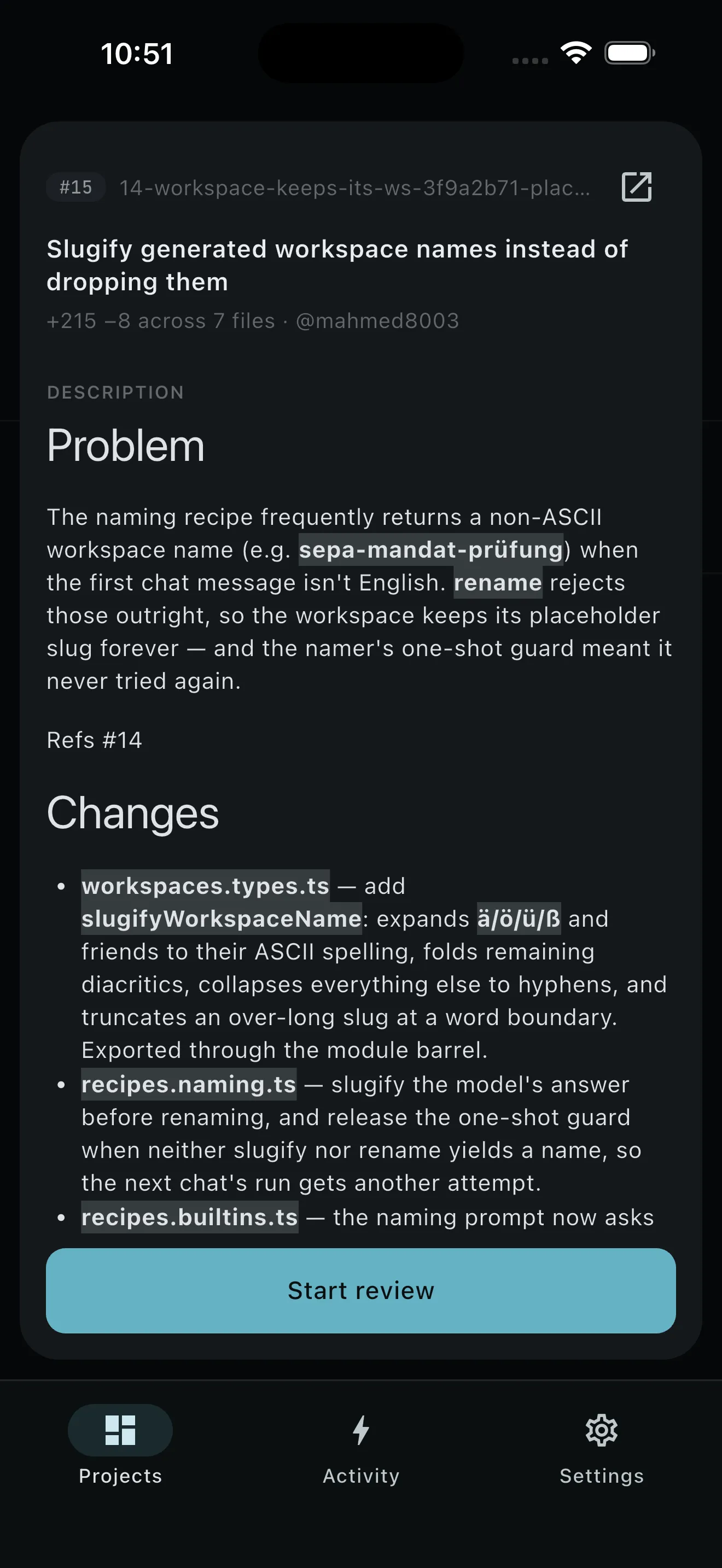 Pull request detail with the description, change summary, and the Start review action
