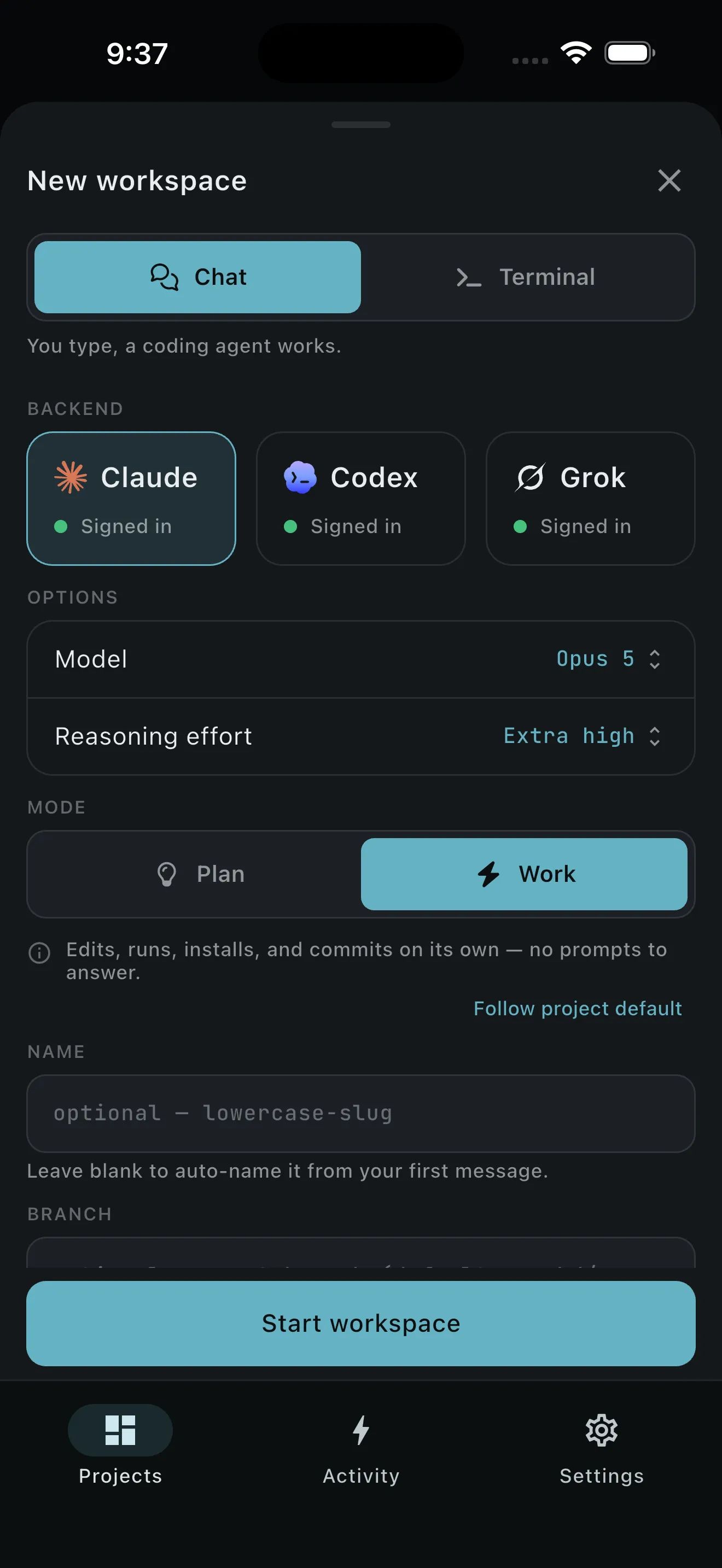 Model, reasoning effort, Plan and Work mode controls with a context meter