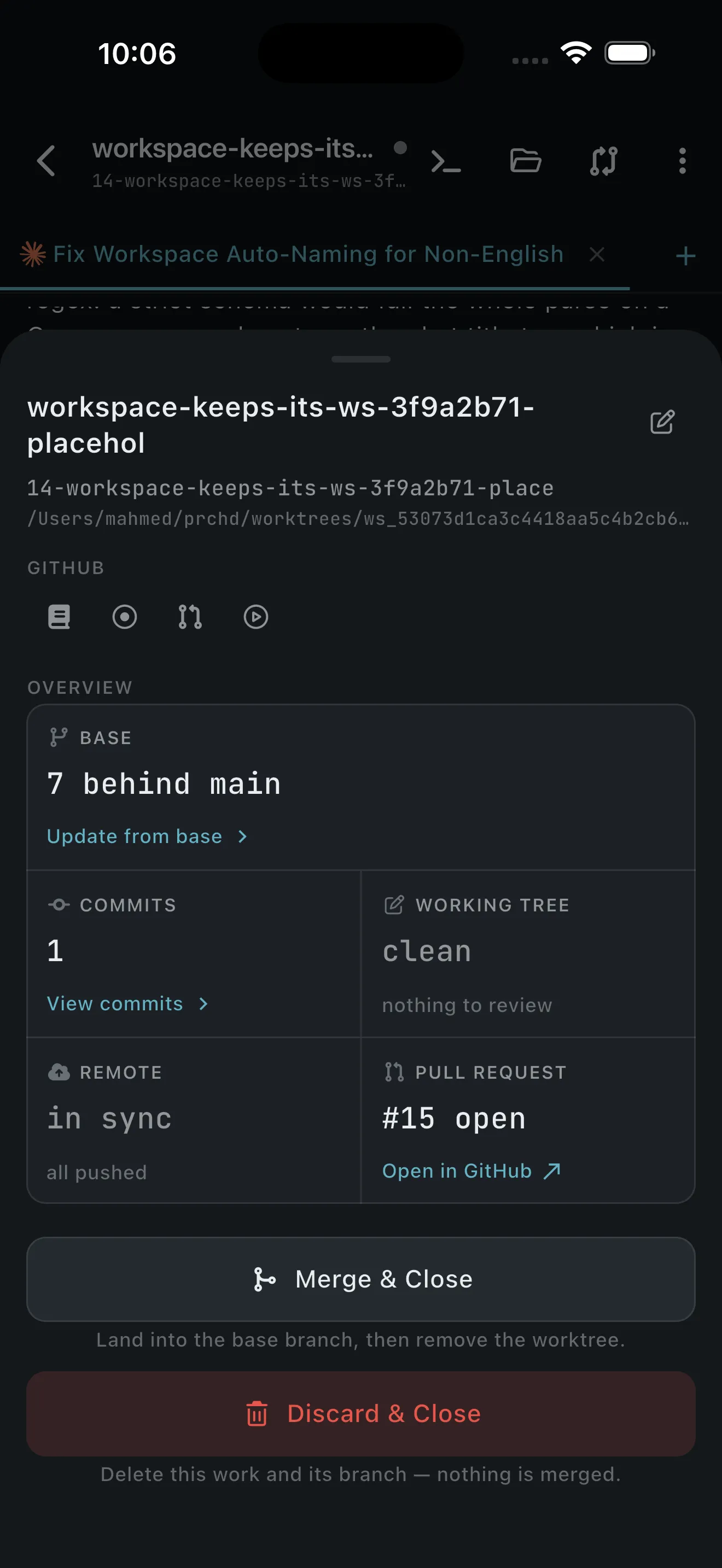 Merge & Close sheet showing the branch and files that will land