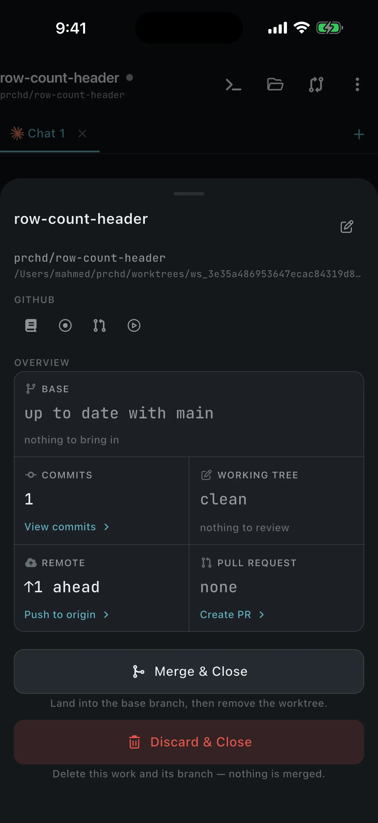 Merge & Close sheet for the finished workspace, one commit ahead of main