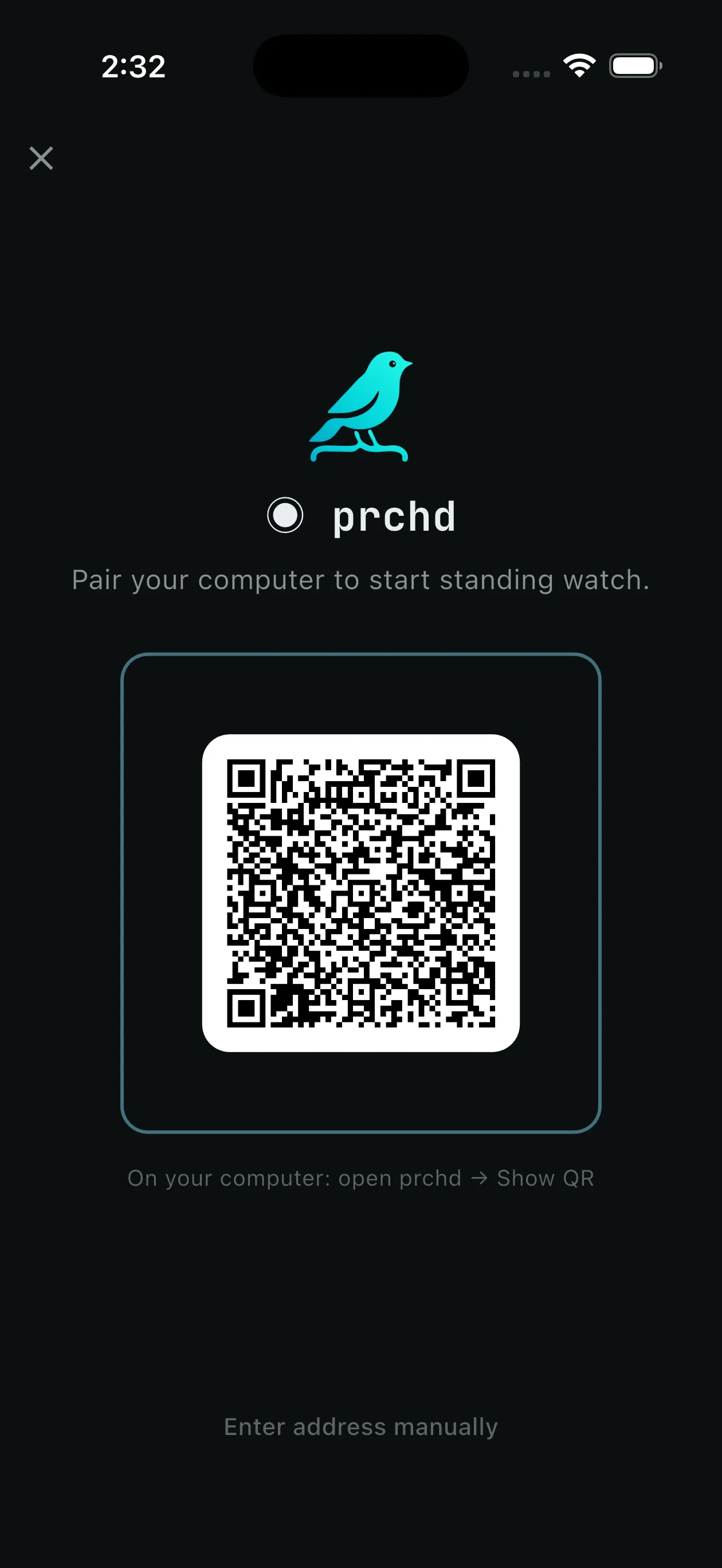 The phone's pairing screen, with the host's QR in frame
