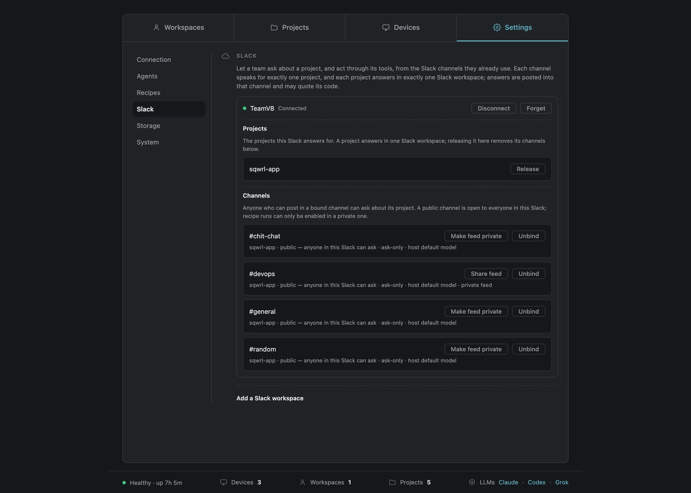 Host dashboard listing bound channels with their project, run permission, and feed visibility
